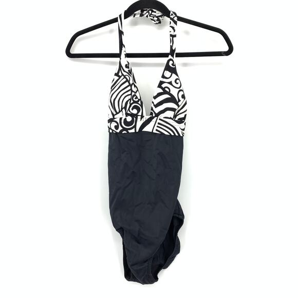 VTG Venus 90s Halter Open Back Swimsuit Bottom Best Fit Sz S Black White Print - Picture 1 of 7